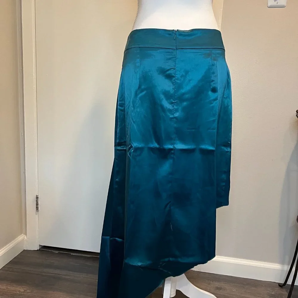 Shein Teal Unity Ruffle Trim Asymmetrical Hem Satin Skirt, Size Large